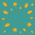 Autumn leaves frame. Yellow orange flying leaf set. Oak, maple, birch, rowan. Wind moving objects. Template for decoration. Green