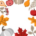 Autumn leaves, fruits, berries and pumpkins border frame background with space text. Seasonal floral maple oak tree Royalty Free Stock Photo