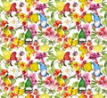 Autumn leaves, gnomes in fall, flowers. Floral seamless pattern with yellow leaf, magical dwarf and meadow blossom