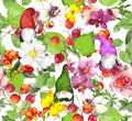 Autumn leaves, gnomes, flowers. Floral seamless pattern with yellow leaf, magical dwarf and meadow blossom. Vintage watercolor