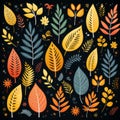 Autumn Leaves Pattern: Folk Art-inspired Illustrations On Black Background