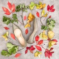 Autumn leaves and golden shoes. Fashion flat lay Royalty Free Stock Photo