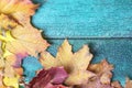 Autumn leaves on green blue vintage wooden background with copy space, flat lay Royalty Free Stock Photo