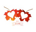 Autumn leaves with hearts isolated on white background