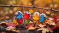 Autumn leaves with hearts Royalty Free Stock Photo