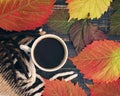 Autumn leaves, hot cup of coffee and warm plaid