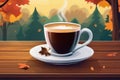 Autumn leaves and a hot steaming cup of coffee. Wooden table and cup of coffee on autumn background. Autumn season, free Royalty Free Stock Photo