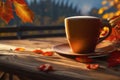 Autumn leaves and a hot steaming cup of coffee. Wooden table and cup of coffee on autumn background. Autumn season, free Royalty Free Stock Photo