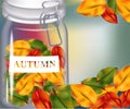 Autumn leaves in a jar on blurry background. Realistic Vector illustration banner or poster card Royalty Free Stock Photo