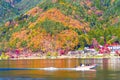 Autumn leaves in Kawaguchiko lagoon at yakisaki park japan.Fujisan mountain