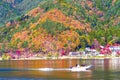 Autumn leaves in Kawaguchiko lagoon at yakisaki park japan.Fujisan mountain