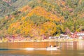 Autumn leaves in Kawaguchiko lagoon at yakisaki park japan.Fujisan mountain
