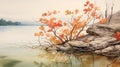 Autumn Leaves And Lake: Tran Nguyen Style Oil Painting