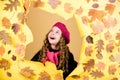 Autumn leaves and nature. little girl in french beret. Fall fashion. autumn beauty. Happy childhood. child in positive