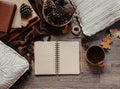 Autumn leaves, notebook and mug on rustic wooden table, cozy autumn still life, autumn mood concept, blogger or writer lifestyle,