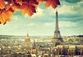 Autumn leaves in Paris and Eiffel tower Royalty Free Stock Photo