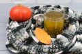 Autumn leaves, pumpkin, a cup of green tea wrapped in a motley black and white scarf. A woolen scarf keeps tea warm