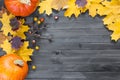 Autumn leaves and pumpkin over old dark wooden background with copy space Royalty Free Stock Photo