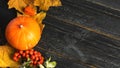 Autumn leaves and pumpkin wooden background with copy space Royalty Free Stock Photo