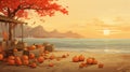 Autumn Harvest: A Tranquil Scene Of Pumpkins On The Beach