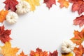 Autumn leaves and pumpkins border frame on white table. Seasonal background. Autumn fall, thanksgiving, harvest concept. Flat lay Royalty Free Stock Photo