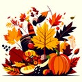 Autumn leaves and pumpkins vector illustration. Fall season background. Generative AI Royalty Free Stock Photo