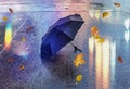 Autumn Rainy evening blurred light wet asphalt and umbrella on street road weather forecast season background Royalty Free Stock Photo