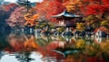 Autumn leaves reflect on tranquil pond, Japanese beauty, generated by AI