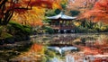 Autumn leaves reflect on tranquil pond in Japanese garden, generated by AI Royalty Free Stock Photo