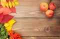 Autumn leaves, rowan berries and apples over wood background Royalty Free Stock Photo