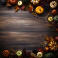 Autumn Leaves, Rowan and Pumpkins, top view., banner with space for your own content. Dark colors