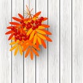 Autumn leaves with rowan on wooden background 2