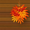 Autumn leaves with rowan on wooden background 3