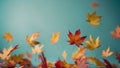 Autumn leaves scattered on a teal background Royalty Free Stock Photo