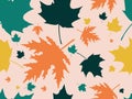 Autumn leaves seamless pattern. Falling leaves, leaf fall. Oak and maple. Background for wrapping paper, print, fabric