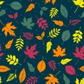 Autumn leaves seamless pattern. Vector fall repeat texture with hand drawn yellow, red and orange leaf on dark blue Royalty Free Stock Photo