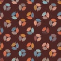 Autumn leaves seamless vector pattern background. Trio groups of hand drawn blue orange leaves in fall colors on brown