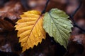 Autumn leaves, side by side, in rich, earthy hues of fall