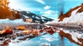 Autumn leaves and snow reflections in mountain landscape Royalty Free Stock Photo