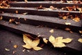 Autumn leaves on the steps in the park. Nostalgic scene.