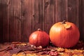 Autumn leaves and Thanksgiving pumpkins on  rustic  wooden background with copy space Royalty Free Stock Photo