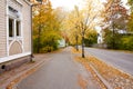 Autumn leaves on walkway in old museum district of Kouvola, Finland