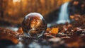 autumn leaves in the water ethereal fantasy macro photo of Waterfall in the autumn in a glass orb