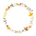 Autumn leaves watercolor decorative round frame. Retro fall foliage with red guelder berries. Seasonal botanical wreath with