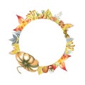 Autumn leaves watercolor round frame with pumpkin oak rose hip Rowanberry ash, acorn, wild ash, ginkgo, abstract herbs