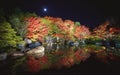 Autumn leaves and waterfall of Japanese garden at night. Royalty Free Stock Photo