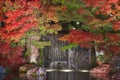 Autumn leaves and waterfall of Japanese garden at night. Royalty Free Stock Photo