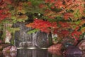 Autumn leaves and waterfall of Japanese garden at night. Royalty Free Stock Photo