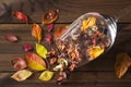 Autumn leaves in a wine glass on wooden table background Royalty Free Stock Photo