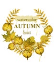 Autumn leaves wreath Vector. Watercolor decor background. Fall banner template. Golden colors